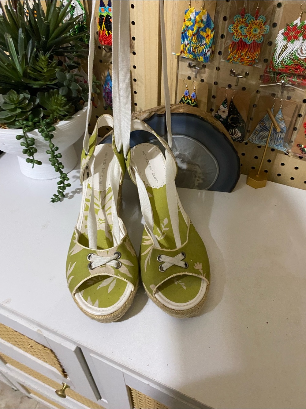 Montego Bay Club Olive Green Canvas Espadrille Wedge Sandals with Ankle Tie